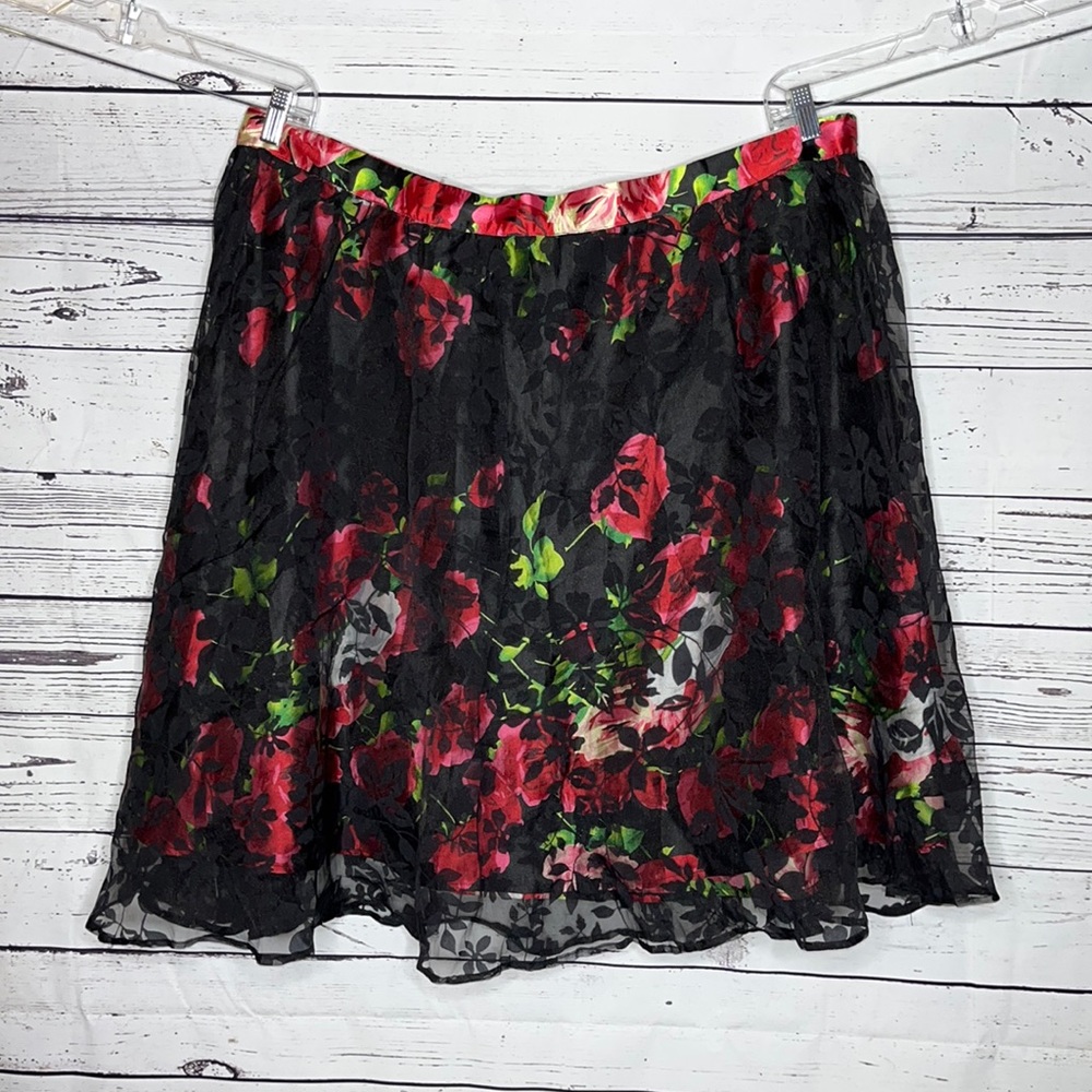 ModCloth Size 3X Floral Print - Black Lace Overlay A-Line Skirt